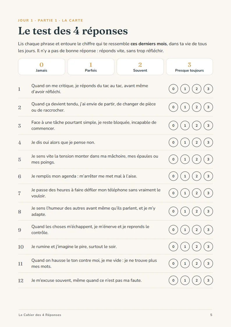 Page 5 du cahier : le test des 4 réponses, questions 1 à 12